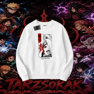 Deidara Naruto Anime Karakteri Oversize Unisex Bisiklet Yaka Sweatshirt Beyaz