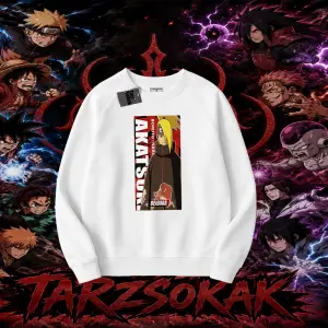 Deidara Naruto Anime Karakteri Oversize Unisex Bisiklet Yaka Sweatshirt Beyaz