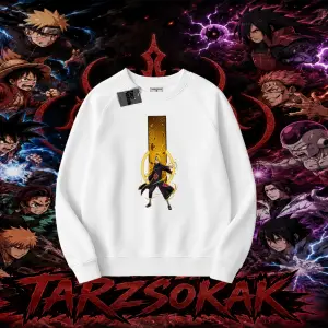 Deidara Naruto Anime Karakteri Oversize Unisex Bisiklet Yaka Sweatshirt Beyaz