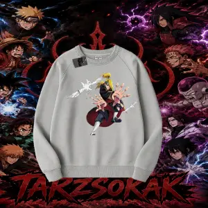 Deidara Naruto Anime Karakteri Oversize Unisex Bisiklet Yaka Sweatshirt Beyaz