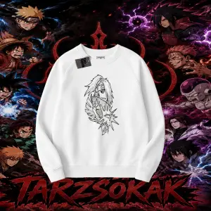 Deidara Naruto Anime Karakteri Oversize Unisex Bisiklet Yaka Sweatshirt Beyaz