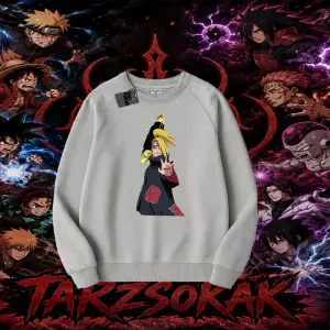 Deidara Naruto Anime Karakteri Oversize Unisex Bisiklet Yaka Sweatshirt Beyaz