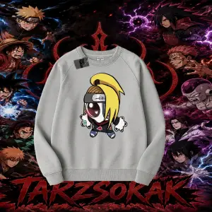 Deidara Naruto Anime Karakteri Oversize Unisex Bisiklet Yaka Sweatshirt Beyaz