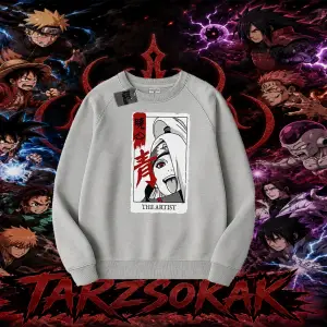 Deidara Naruto Anime Karakteri Oversize Unisex Bisiklet Yaka Sweatshirt Beyaz