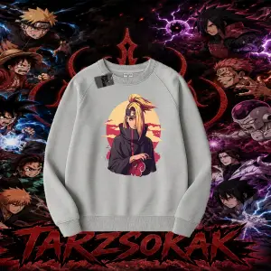 Deidara Naruto Anime Karakteri Oversize Unisex Bisiklet Yaka Sweatshirt Beyaz