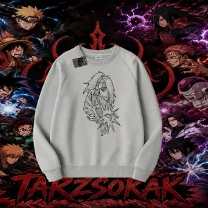 Deidara Naruto Anime Karakteri Oversize Unisex Bisiklet Yaka Sweatshirt Beyaz