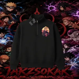 Deidara Naruto Anime Karakteri Unisex Polo Yaka Yarım Fermuarlı Sweatshirt Beyaz