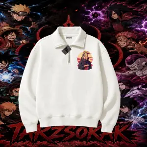 Deidara Naruto Anime Karakteri Unisex Polo Yaka Yarım Fermuarlı Sweatshirt Beyaz
