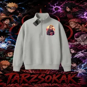 Deidara Naruto Anime Karakteri Unisex Polo Yaka Yarım Fermuarlı Sweatshirt Beyaz