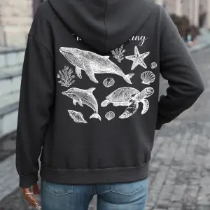 Deniz Çağırıyor Balina Baskılı Kapüşonlu Üstler Kadın Kışlık Polar Sıcak Tişörtü Günlük Cepli