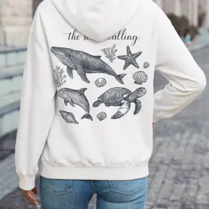 Deniz Çağırıyor Balina Baskılı Kapüşonlu Üstler Kadın Kışlık Polar Sıcak Tişörtü Günlük Cepli