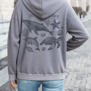 Deniz Çağırıyor Balina Baskılı Kapüşonlu Üstler Kadın Kışlık Polar Sıcak Tişörtü Günlük Cepli