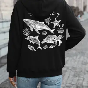Deniz Çağırıyor Balina Baskılı Kapüşonlu Üstler Kadın Kışlık Polar Sıcak Tişörtü Günlük Cepli