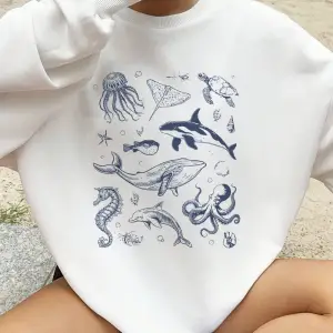 Deniz Yaşamı Balina ve Köpekbalığı Baskılar Kazak Kadın Kış Polar Sıcak Hoodie O-Boyun Gevşek