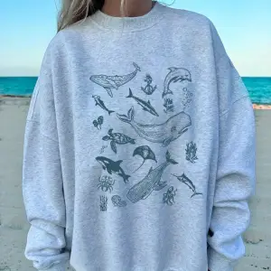 Deniz Yaşamı Balina ve Köpekbalığı Baskılar Tişörtü Kadın Bisiklet Yaka Tüm Maç Kapşonlu Gevş