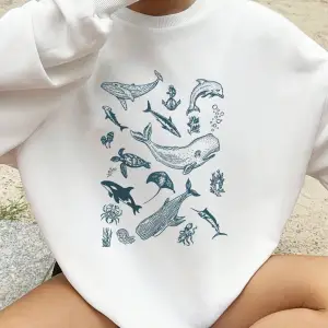 Deniz Yaşamı Balina ve Köpekbalığı Baskılar Tişörtü Kadın Bisiklet Yaka Tüm Maç Kapşonlu Gevş