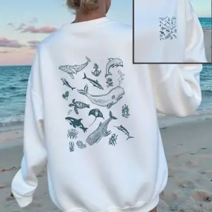 Deniz Yaşamı Balina ve Köpekbalığı Baskılı Tişörtler Kadın Bisiklet Yaka Günlük Kapüşonlu Üst