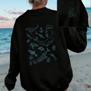 Deniz Yaşamı Balina ve Köpekbalığı Baskılı Tişörtler Kadın Bisiklet Yaka Günlük Kapüşonlu Üst