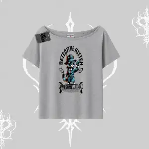 Detective Kitten Kedi Baskılı Kayık Yaka Tshirt
