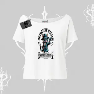 Detective Kitten Kedi Baskılı Kayık Yaka Tshirt