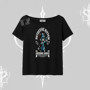 Detective Kitten Kedi Baskılı Kayık Yaka Tshirt