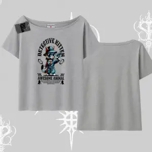 Detective Kitten Kedi Baskılı Kayık Yaka Tshirt