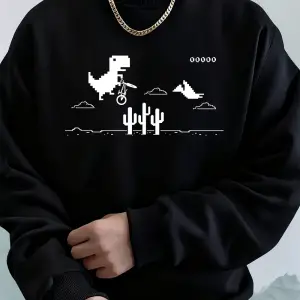 Dinozorlar Kaktüs Üzerinde Baskılı Erkek Kapüşonlu Üstü Sonbahar Bisiklet Yaka Tişörtü Temel