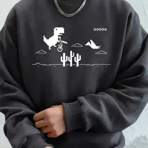 Dinozorlar Kaktüs Üzerinde Baskılı Erkek Kapüşonlu Üstü Sonbahar Bisiklet Yaka Tişörtü Temel