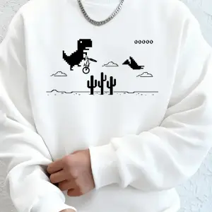 Dinozorlar Kaktüs Üzerinde Baskılı Erkek Kapüşonlu Üstü Sonbahar Bisiklet Yaka Tişörtü Temel