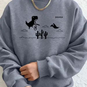 Dinozorlar Kaktüs Üzerinde Baskılı Erkek Kapüşonlu Üstü Sonbahar Bisiklet Yaka Tişörtü Temel