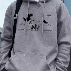 Dinozorlar Kaktüs Üzerinde Baskılı Erkek Kapüşonlu Üstü Sonbahar Cepli Sweatshirt Temel Polar