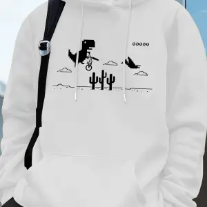 Dinozorlar Kaktüs Üzerinde Baskılı Erkek Kapüşonlu Üstü Sonbahar Cepli Sweatshirt Temel Polar