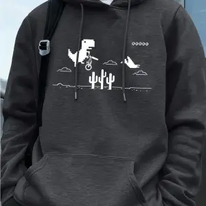 Dinozorlar Kaktüs Üzerinde Baskılı Erkek Kapüşonlu Üstü Sonbahar Cepli Sweatshirt Temel Polar