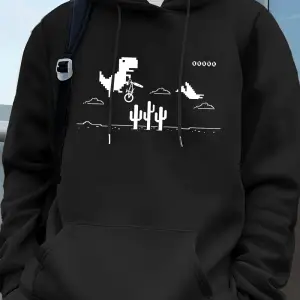 Dinozorlar Kaktüs Üzerinde Baskılı Erkek Kapüşonlu Üstü Sonbahar Cepli Sweatshirt Temel Polar