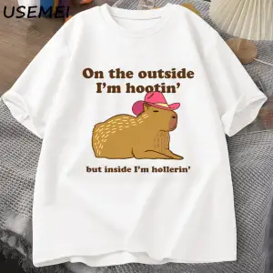 Dışarıda ben Hootin Capybara tişörtleri adam batı T-Shirt kovboy Cowgirl komik Me 3074