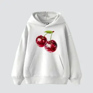 Disco Cherry Baskılı Oversize Unisex Beyaz