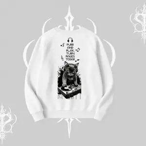 DJ Kedi Baskılı Müzik Temalı Biskilet Sweatshirt