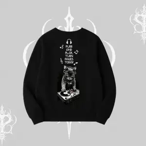 DJ Kedi Baskılı Müzik Temalı Biskilet Sweatshirt