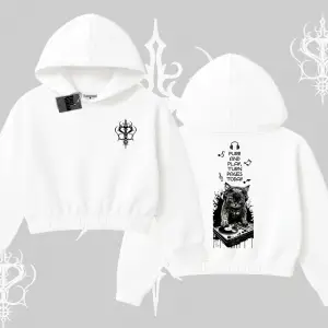 DJ Kedi Baskılı Müzik Temalı Kapşonlu Crop Sweatshirt