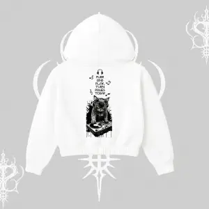 DJ Kedi Baskılı Müzik Temalı Kapşonlu Crop Sweatshirt