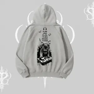 DJ Kedi Baskılı Müzik Temalı Kapşonlu Sweatshirt