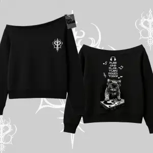 DJ Kedi Baskılı Müzik Temalı Kayık Yaka Sweatshirt