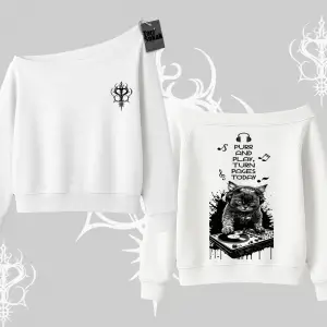 DJ Kedi Baskılı Müzik Temalı Kayık Yaka Sweatshirt
