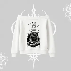 DJ Kedi Baskılı Müzik Temalı Kayık Yaka Sweatshirt