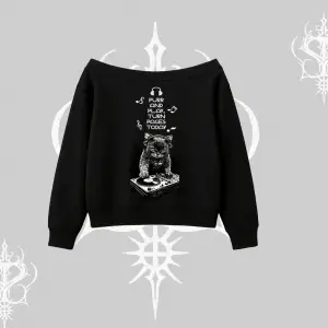 DJ Kedi Baskılı Müzik Temalı Kayık Yaka Sweatshirt