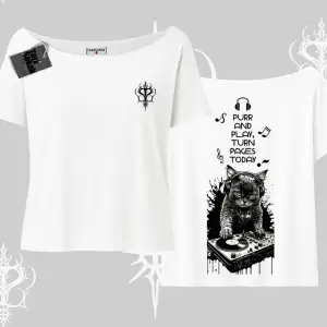 DJ Kedi Baskılı Müzik Temalı Kayık Yaka Tshirt