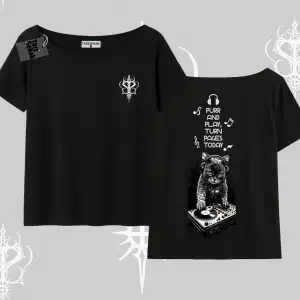 DJ Kedi Baskılı Müzik Temalı Kayık Yaka Tshirt