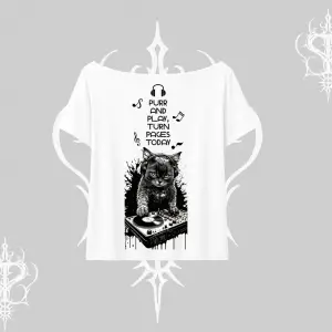 DJ Kedi Baskılı Müzik Temalı Kayık Yaka Tshirt