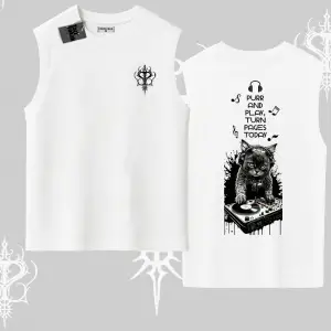 DJ Kedi Baskılı Müzik Temalı Kolsuz Tshirt