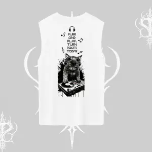 DJ Kedi Baskılı Müzik Temalı Kolsuz Tshirt